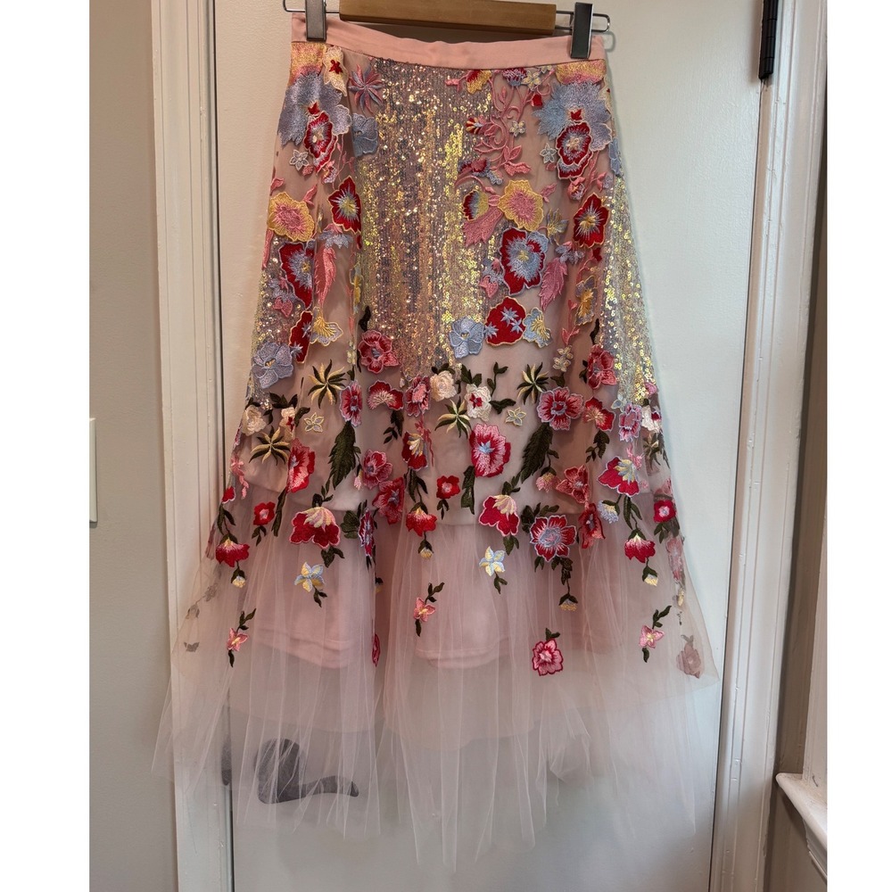 Eva Franco Pink Floral Embroidered Tulle Sequin Midi Skirt Womens Size 2 USA - Picture 2 of 8